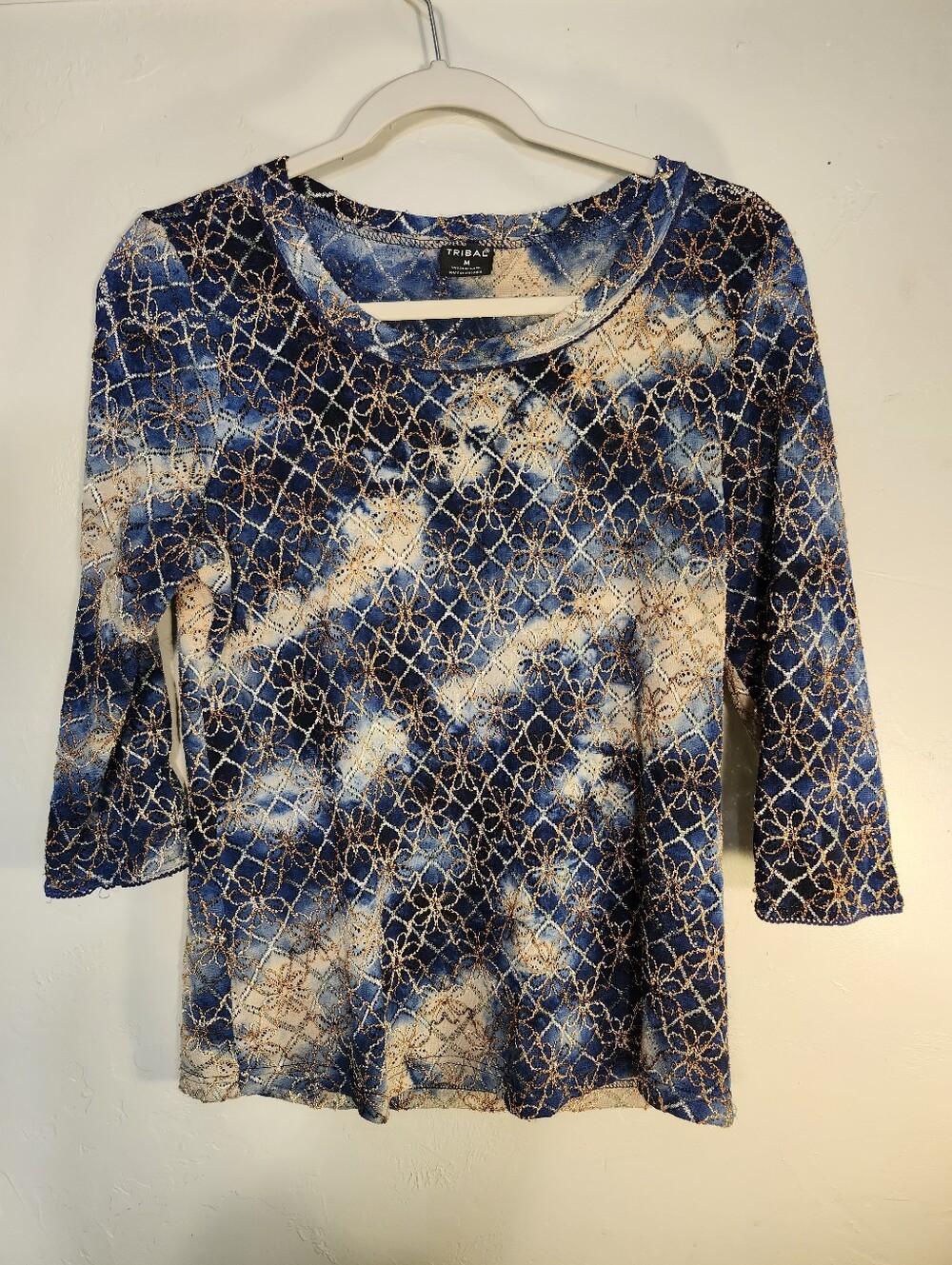 Tribal Blue and Cream Patterned Long Sleeve Embroidered Top